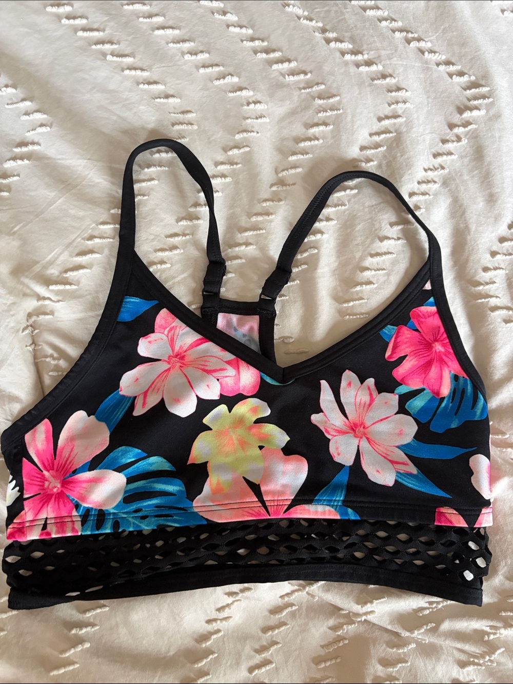 PINK Victoria's Secret Black Floral Mesh-Band Sports Bralette
